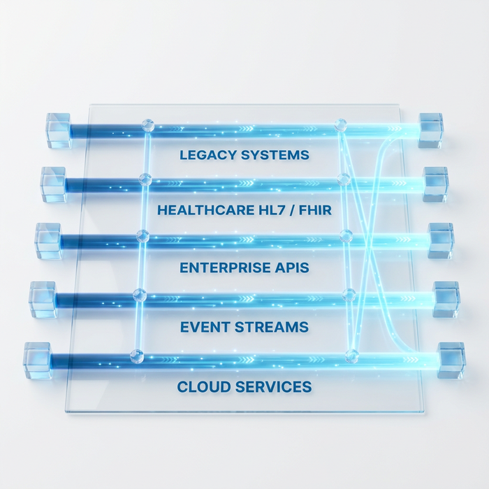 An integration stack across five layers: Legacy Systems, Healthcare HL7 and FHIR, Enterprise APIs, Event Streams, and Cloud Services.